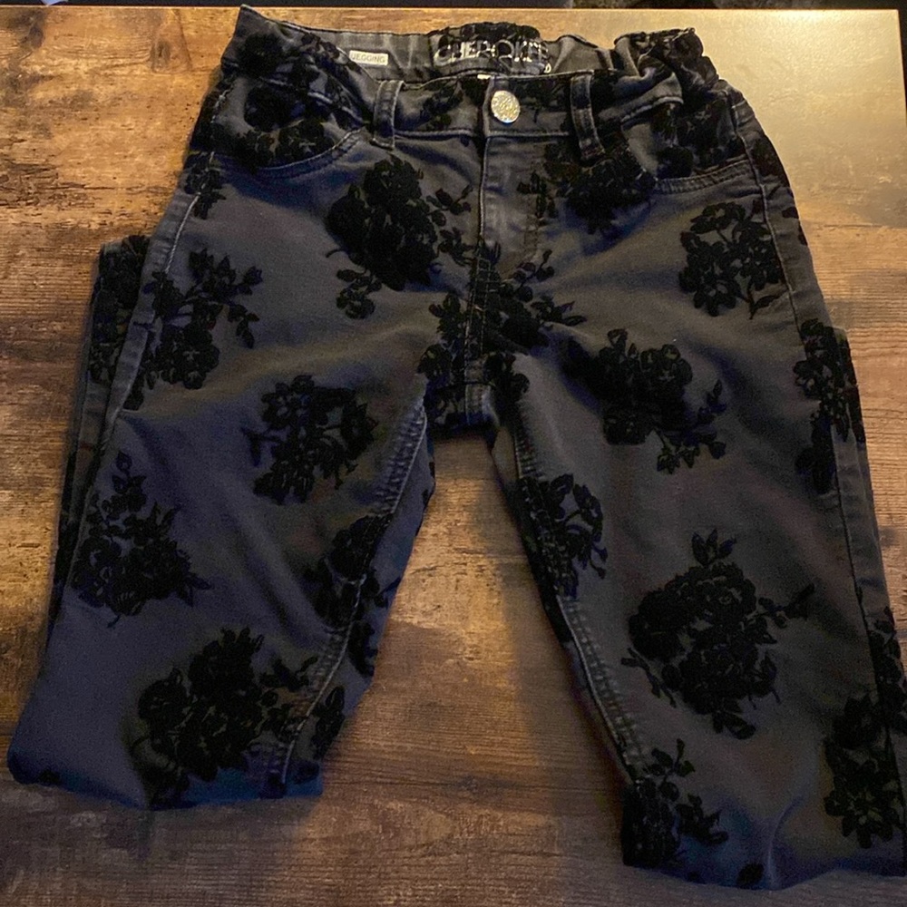 Girls black jeggings with black flowered flocking